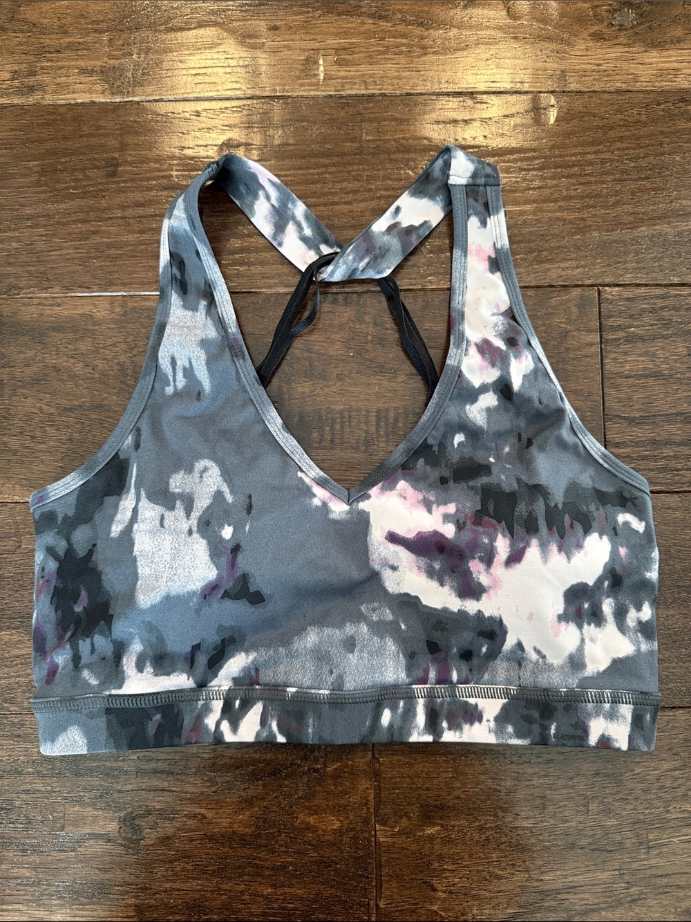 Mono B Tie-Dye V-Neck Sports Bra in Gray & Purple Accents